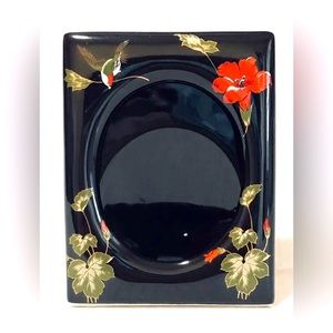 Vintage Ceramic Black Enamel Picture/Photo Frame Bird- Hibiscus- Gold Oval